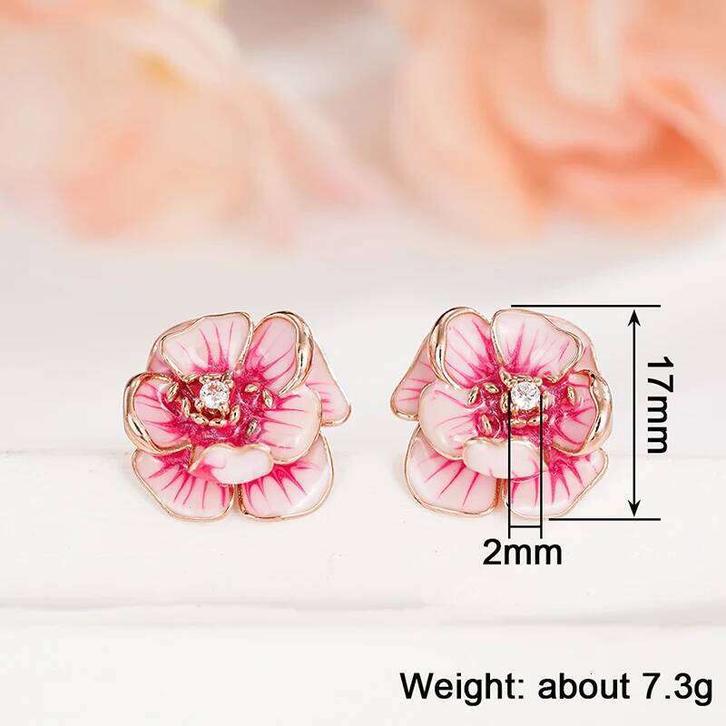 Huitan Sweet Pink Flower Stud for Women Handmade Enamel Rose Gold Color Aesthetic Female Ear Earrings Statement Jewelry