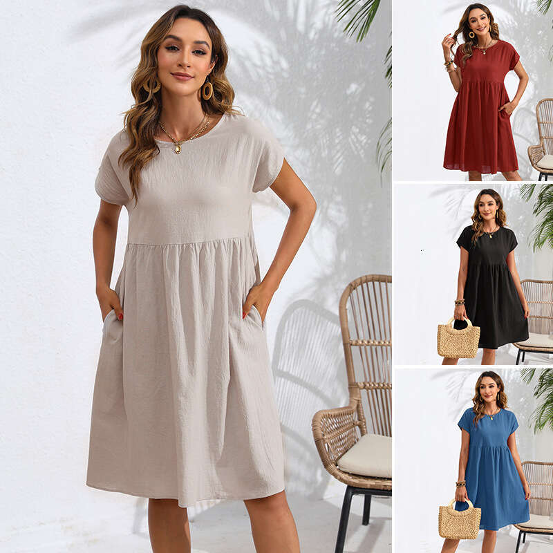 2026 Cross-Border Fashion Summer OL Style Cotton Linen Round Neck A-Line Pocket Dress