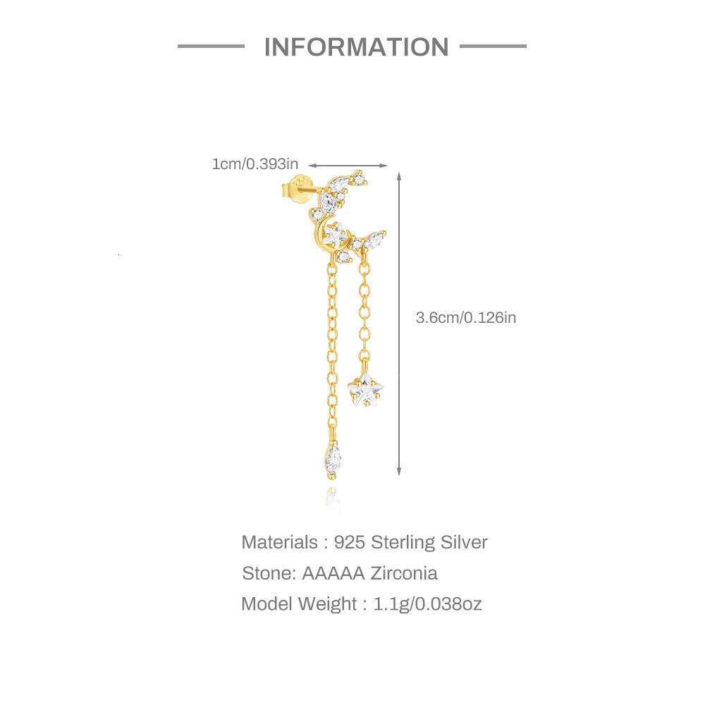 Aide 1Pc 925 Silver Stars Moon Stud Earrings For Women 18K Gold Chain Flat Head Threaded Puncture Ear Bone Ins Fine Jewelry