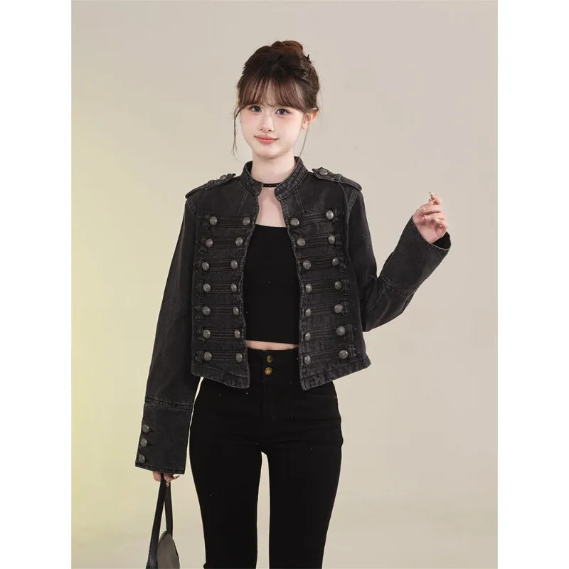 Womens Clothing Short Coat Jeans Jacket Retro Button n Slim Standup Collar Long Sleeves Denim Top 251229
