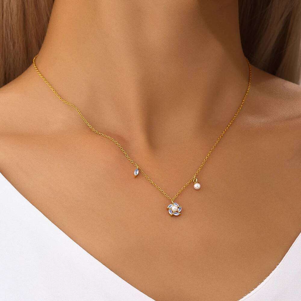Aide 925 Sterling Silver Fashion Four-Pointed Star Simple Chain Pearl Zircon Pendant Necklace Party Wedding Necks Jewel
