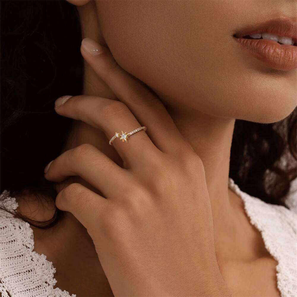 Aide Zircon Double Star Rings For Women Gold Color 925 Sterling Silver Opening Stars Finger Ring Wedding Party Aesthetic Jewelry