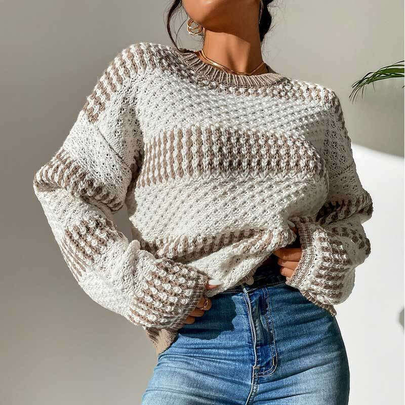 Autumn Winter New Sweater For Women Casual Loose Color-Block Round Neck Pullover Long Sleeve Knitted Top Luanyun