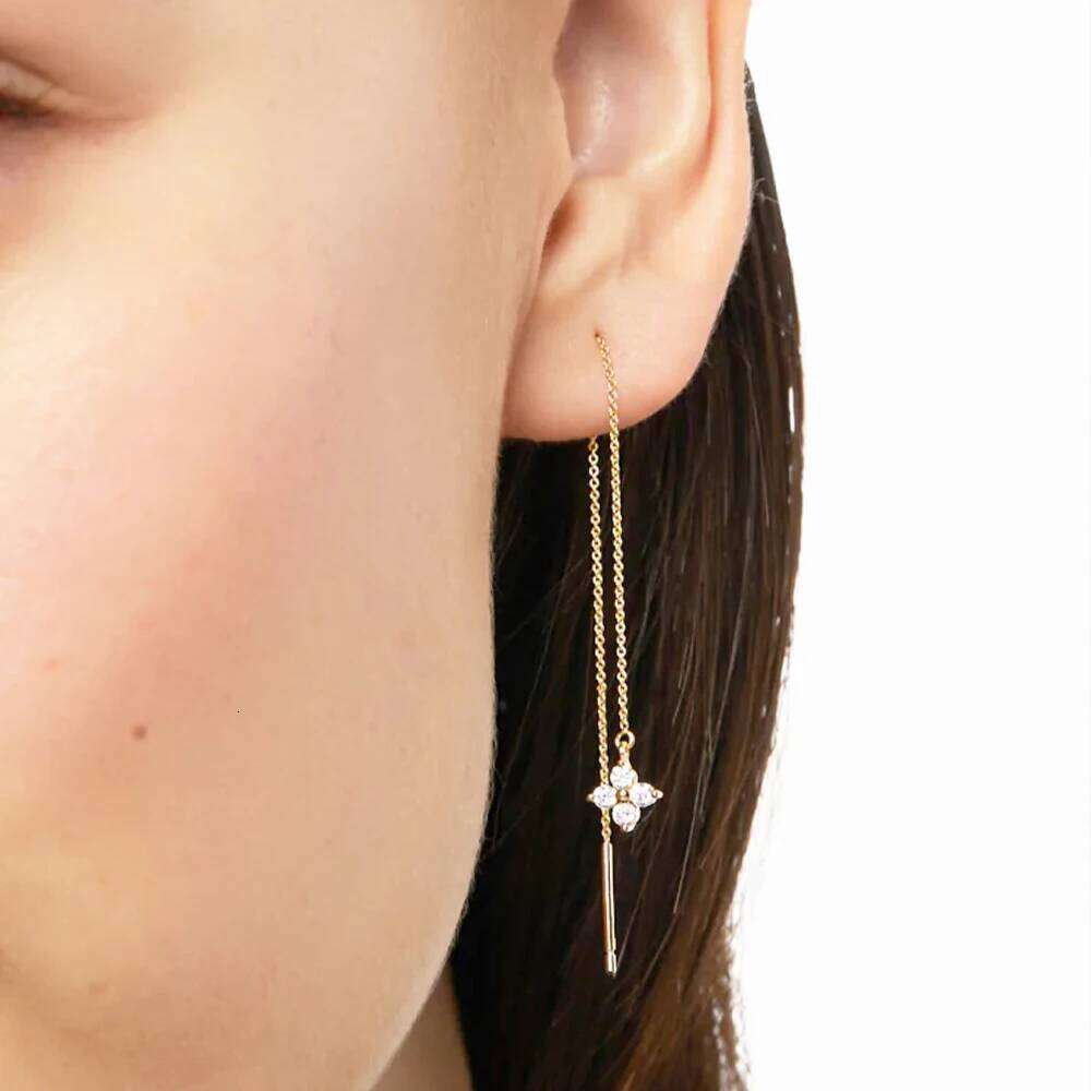 Aide Long Chain Tassel Four-leaf Zircon 925 Sterling Silver Drop For Women Minimalist 18K Gold Earrings Fine Jewelry