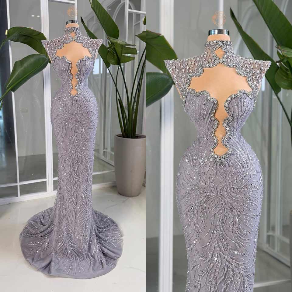 Elegant High Neck Mermaid Prom Gown Sexy Sleeveless Crystal Satin Evening Dresses Floor Length Customized Party Dress