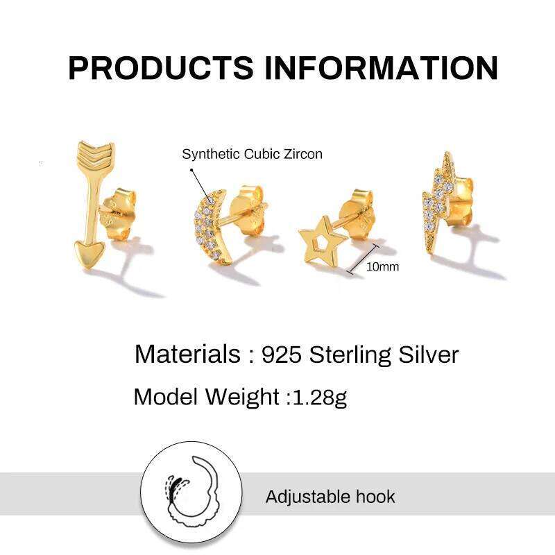 Aide 925 Sterling Silver Stud Set For Women Rainbow Zircon Moon Star Lightning Piercing Earrings Cute Dinosaur Jewelry