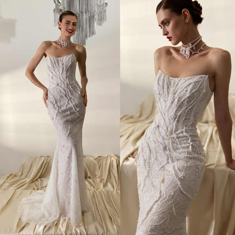 Luxury New Beads Lace Mermaid Wedding Dresses New Strapless White Bridal Gowns Zip Cocktail Dresses Customized