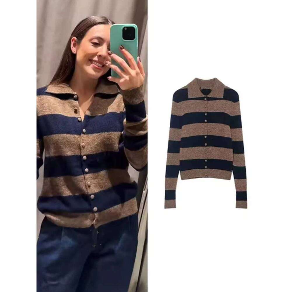New Contrast Striped Knit Cardigan Women's Autumn And Winter Loose Short Coat Color Matching Sweater