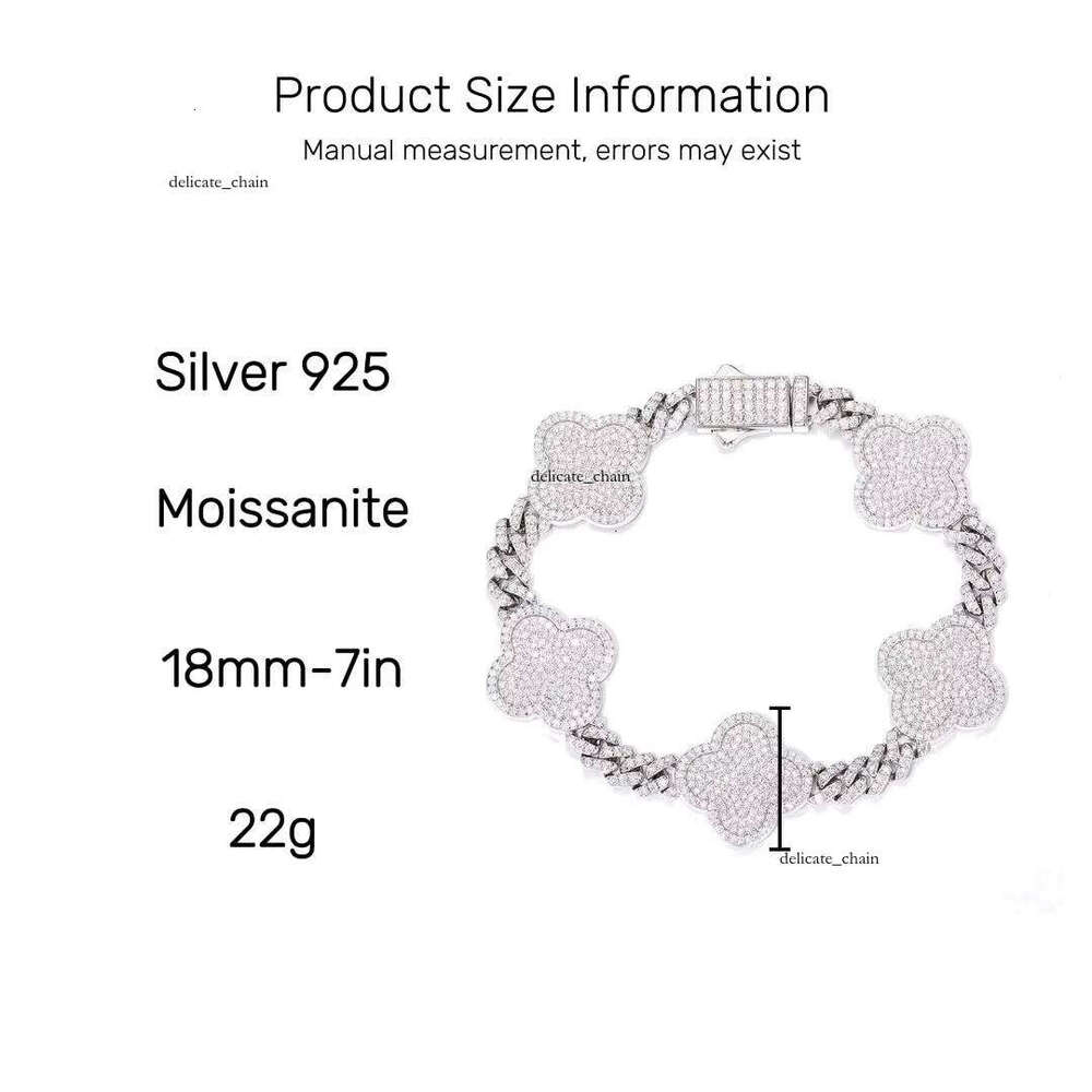 GRA Certified Diatomaceous Earth Ice Out 18mm 925 Sterling Silver Clover Chain Bracelet VVS Moissanite Tester Passed Hip Hop Pearlescent Unisex