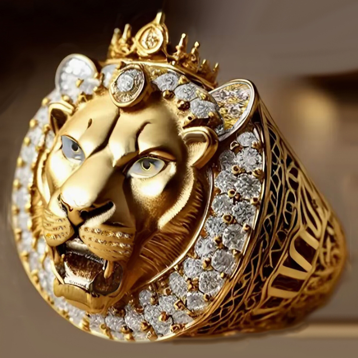 Luxury Brand Designer Jewelry Hot-Selling Hip-Hop Crown Gold Lion Full Diamond Zircon Ring Fashionable Men's And Women's Holiday Party Jewel