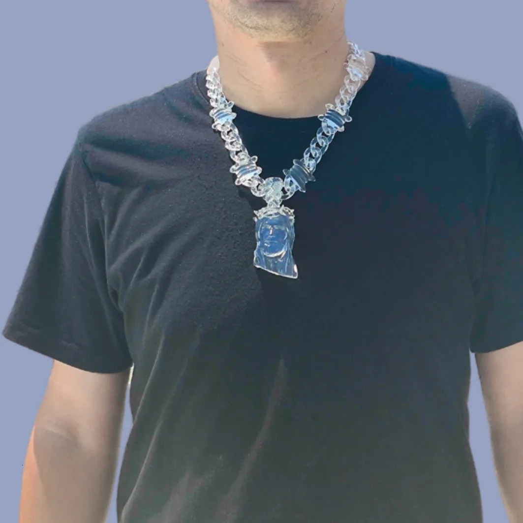 Hiphop Big Clear Acrylic Jesus Piece Pendant Necklace for Women Men Statement Spike Chain Necklace Rock Party Jewelry Gifts 251230