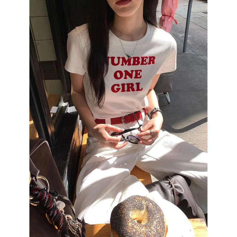 Rosie Letter Print Short Sleeve T-Shirt Women Round Neck Regular Shoulder Slim Fit Trendy American Style Hot Girl Top