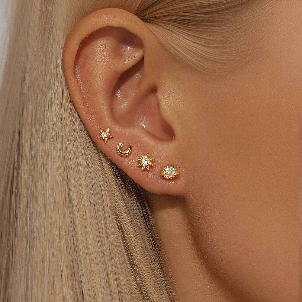 Aide 4pcs Geometric 925 Sterling Silver Earring Set Simple Shiny Star Moon Zircon DIY Mixed Earrings For Women Fine Jewelry