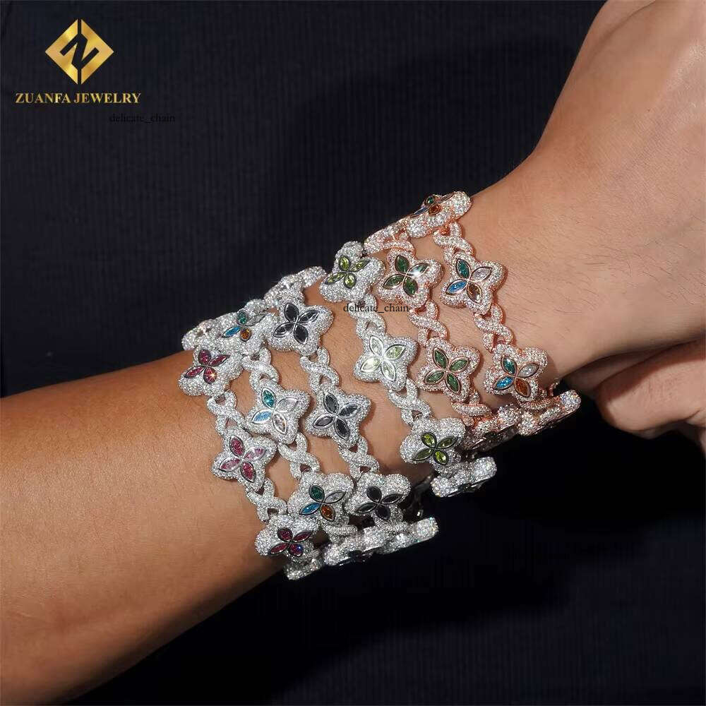 18mm High-Quality Multicolor Marquise VVS Moissanite 925 Silver Jewelry Iced VVS Silicon Stone Lucky Four-Leaf Clover Cuban Bracelet