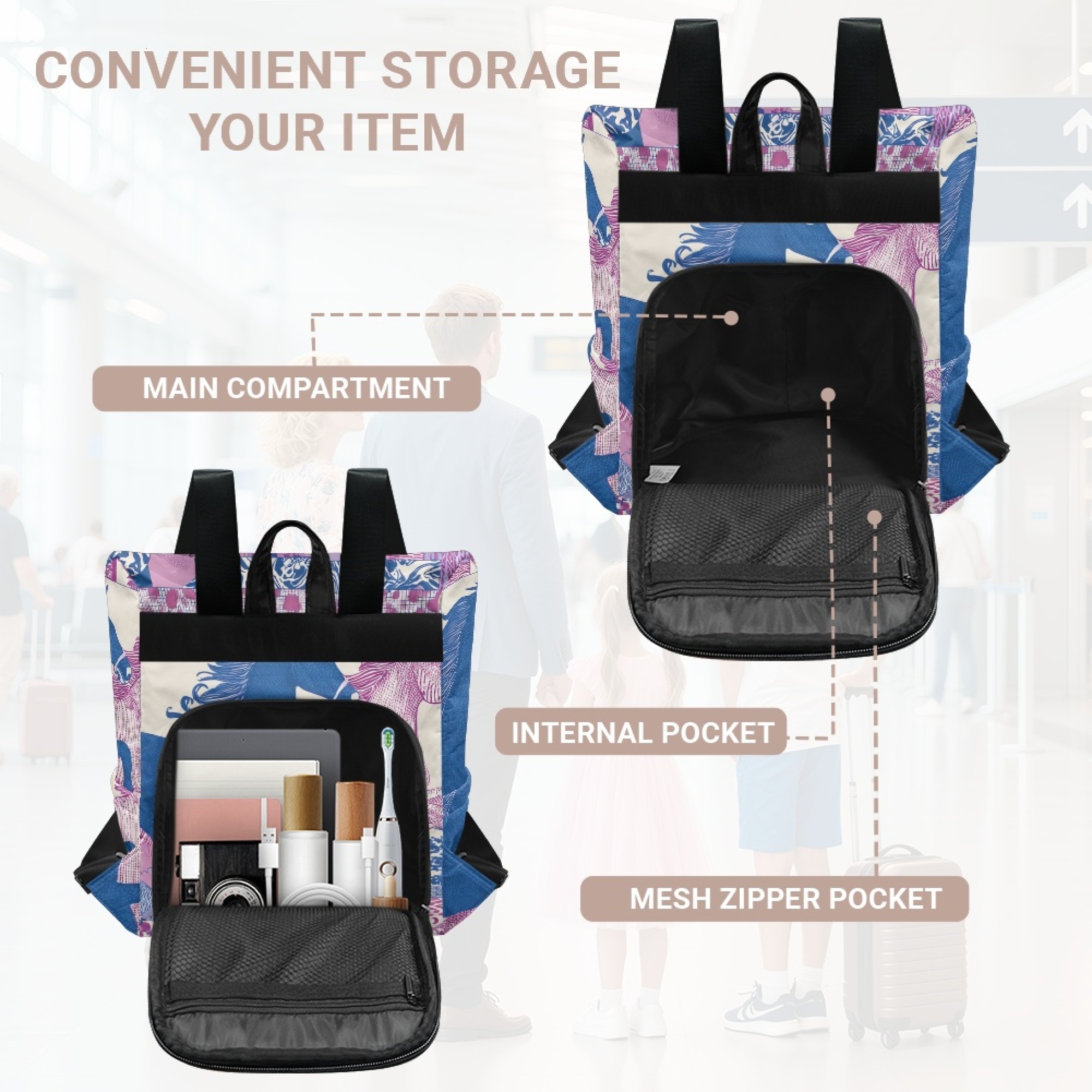 Custom H Designer Fashion Anti Theft Backpack Luxury Horse Pattern Unisex Full Print Backpack Laptop Bag Travel Bag H26