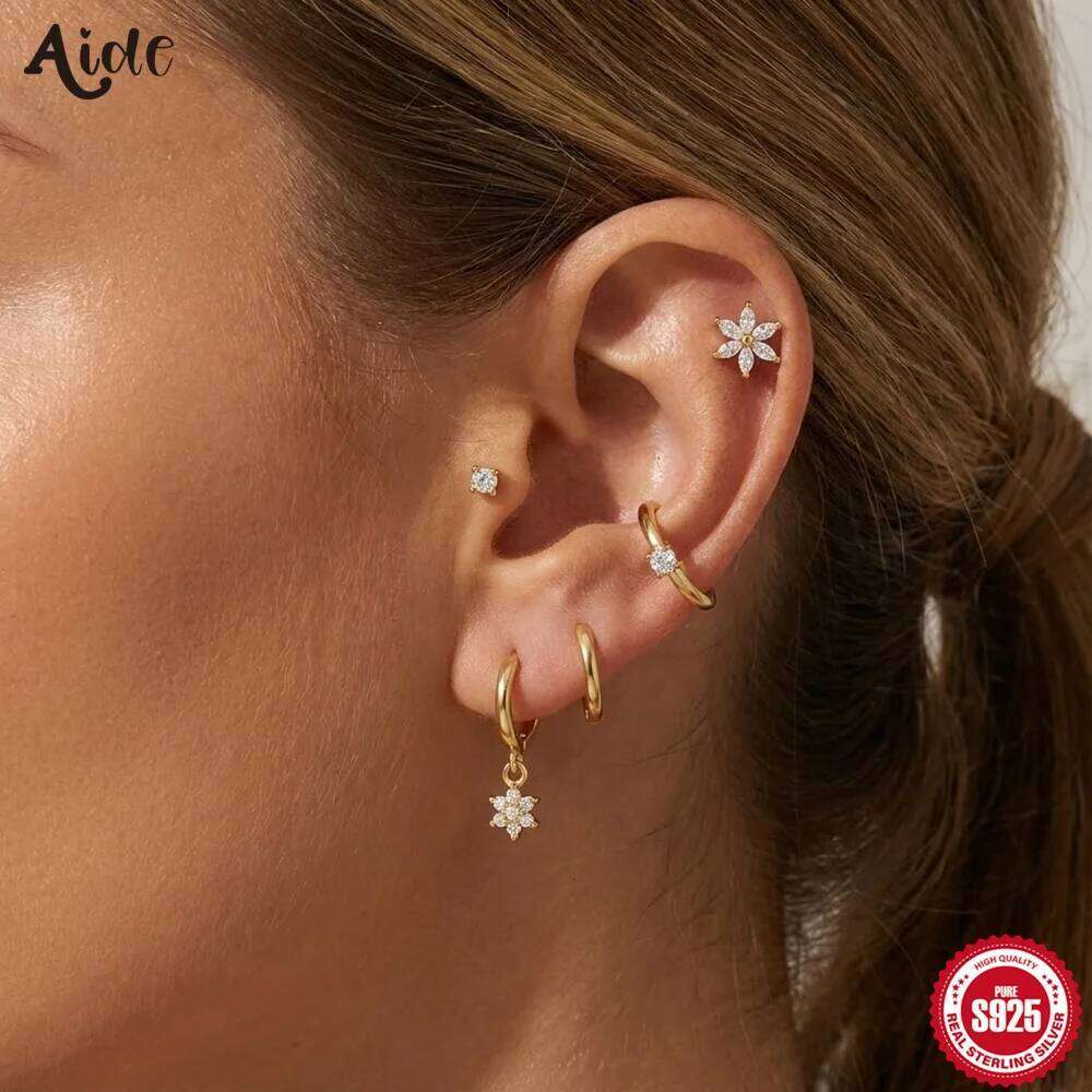 Aide 1 925 Sterling Silver Zircon Ptal Stud Earring Set Women Luck Flower CZ Cartilage Ear Studs Fine Jewelry New Year Party