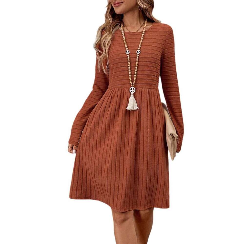 2026 Cross-border European and American Autumn Winter Women's Fashion Solid Color Round Neck Long Sleeve Casual Dress