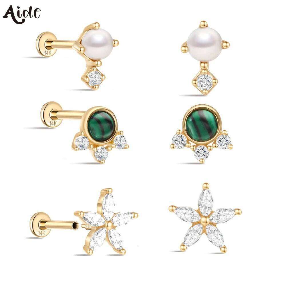 Aide 14k Solid Gold Star Pearl Zircon Piercng Earrings For Women Jewelry Small Mini Ear Bone Studs Birthday Party Gift Pendiente