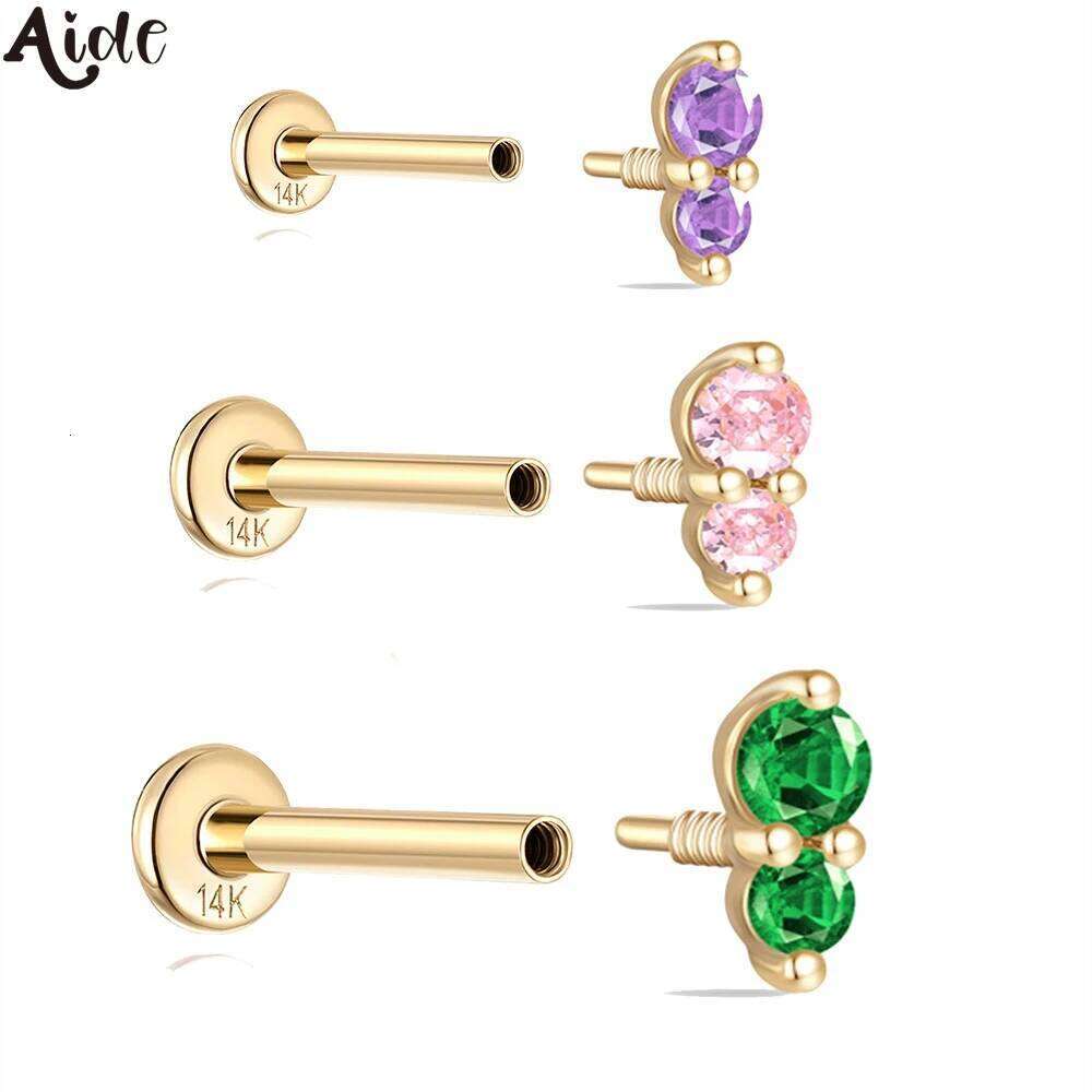Aide Real 14K Solid Gold 5mm 6.5mm 8mm Size Stud Earring Colors Cubic Oxygen Zircon Mini Simple Piercing Ear Bone Studs Jewelry