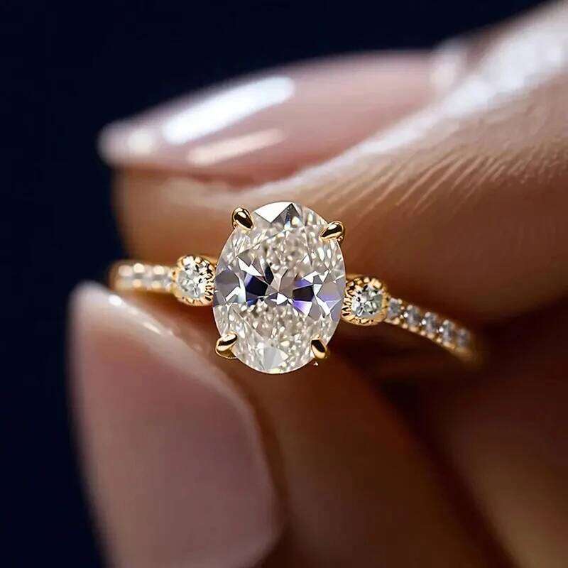 Huitan Classic Oval Cubic Zirconia Wedding for Women Gold Color Temperament Elegant Lady Engagement Rings Eternity Jewelry