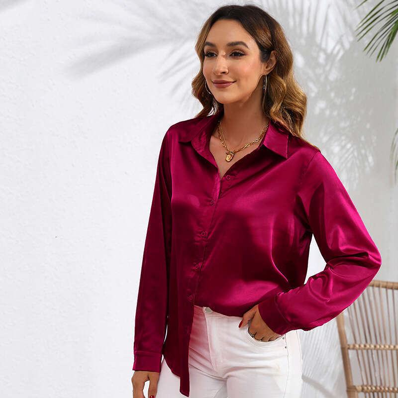 2026 Spring Autumn Hot-Selling Real Shot European and American Cross-Border Women's Solid Color Satin Long Sleeve Blouse