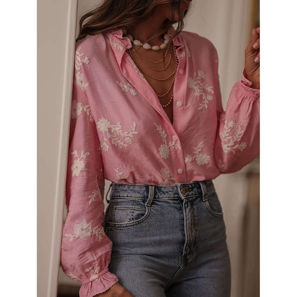 Cross-Border 2025 Spring Summer New Fashion European and American Style Shirt Women's Long Sleeve Embroidered Chic Chiffon Blouse Top