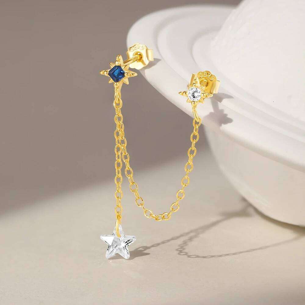 Aide Single 1pc 925 Sterling Silver Double Pierced Chain Zircon Lucky Stud Earrings Female Temperament Lover Party Birthday Gift