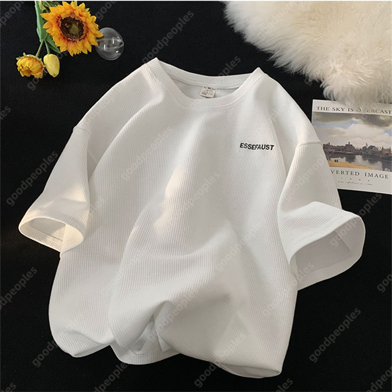 Designer T-shirt Mens Waffle Short Sleeve Summer Trendy Brand Round Neck Half Sleeve Top Mens Loose Casual Five Sleeve T-shirt