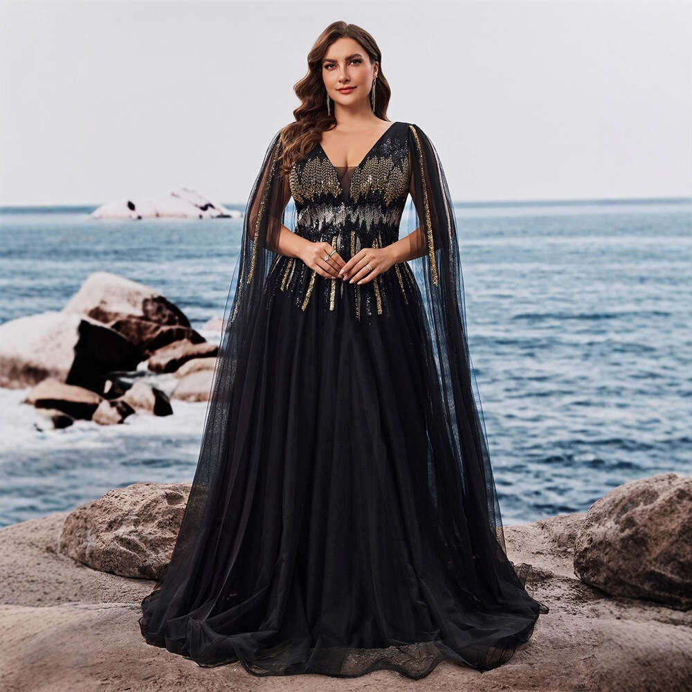 Luxury Floor-standing sleeves Sequins Evening Dresses Women V-neck Formal Wedding Party Cocktail Gowns Vestidos