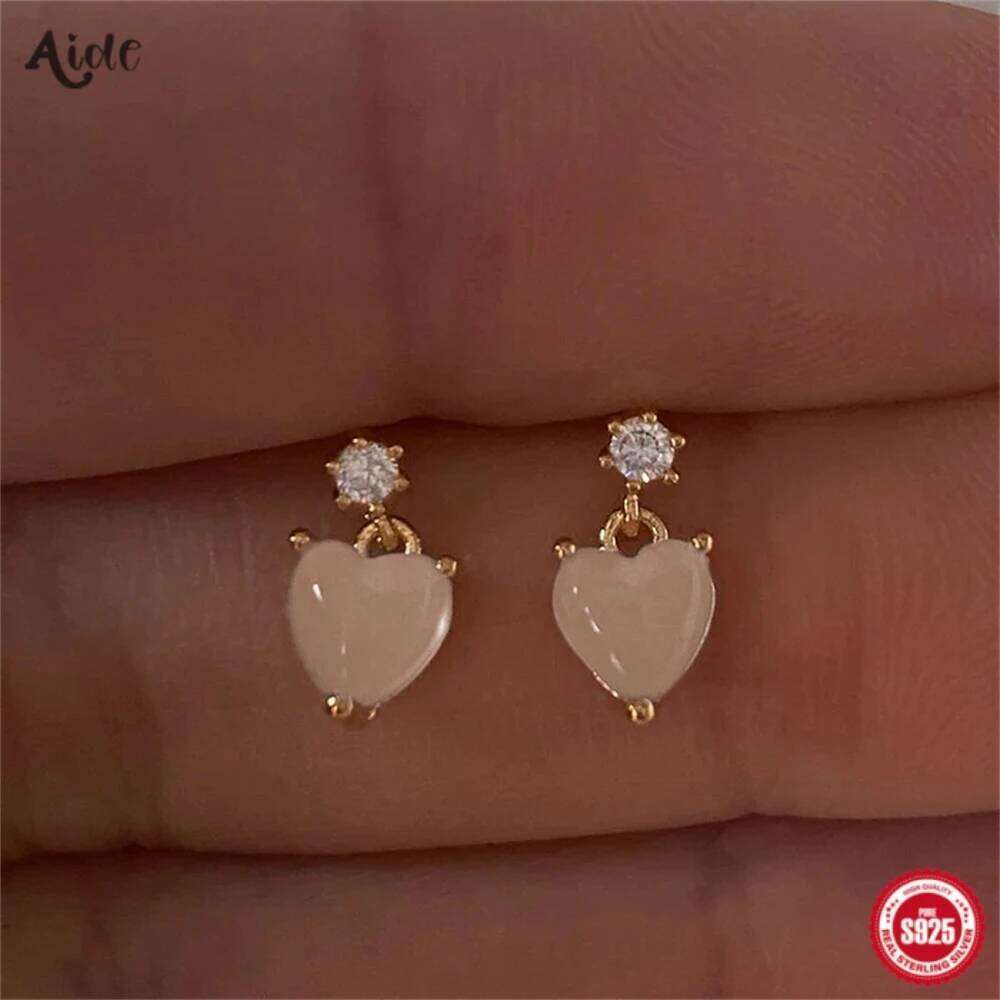 Aide 925 Sterling Silver Sweet Cute Pink Heart Dangle Stud Earrings For Women K Gold Plated Simple Elegant Jewelry Party Gift
