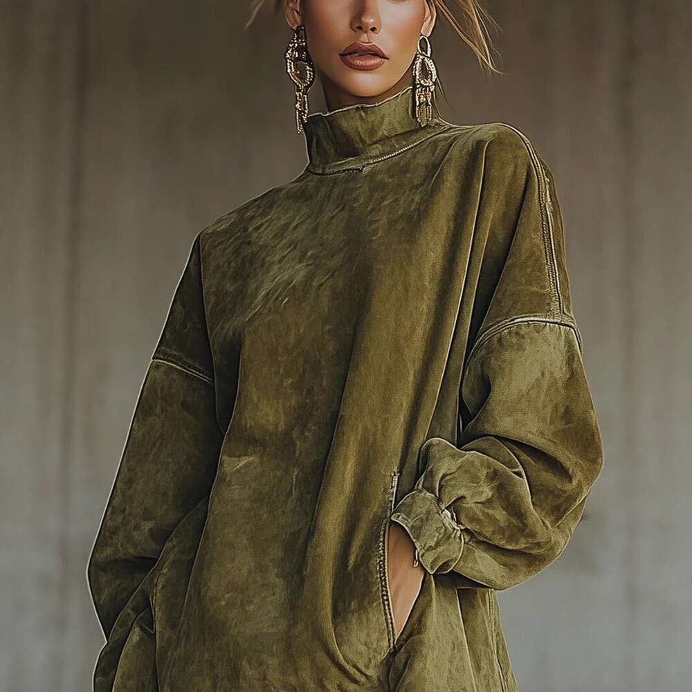 2026 New European and American Cross-Border High Neck Suede Retro Loose Pocket Tassel Long Sleeve Dress