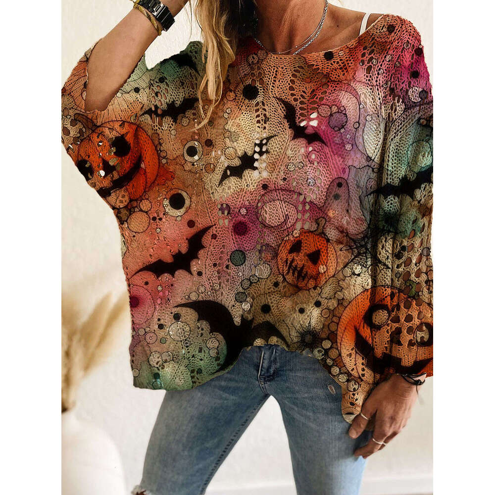 Spring Summer Autumn Four Seasons Off-Shoulder Diamond Hollow Pumpkin Bat Halloween Print Long Sleeve Women's Casual Premium