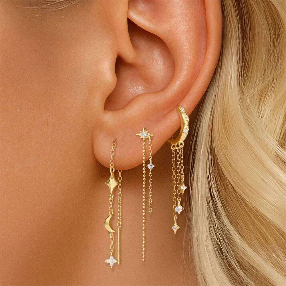 Aide 925 Sterling Silver Single 1pc Long Chain Tassel Stud for Women Shining Zircon Dangle Earring Wedding Gifts Brincos