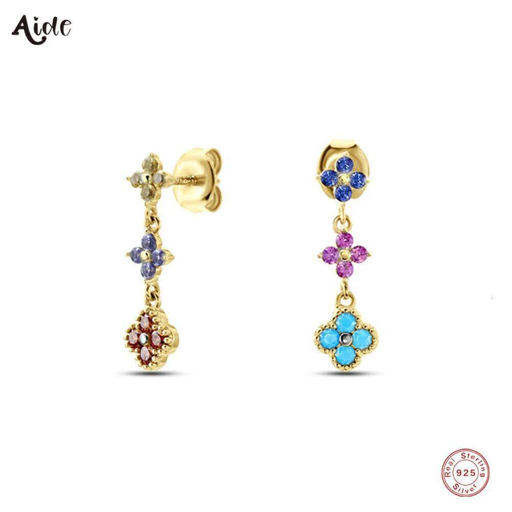 Aide 925 Sterling Silver Unique Mismatched Colorful CZ Zircon Turquoise Flower Charms Dangle Earrings For Women Summer Jewelry