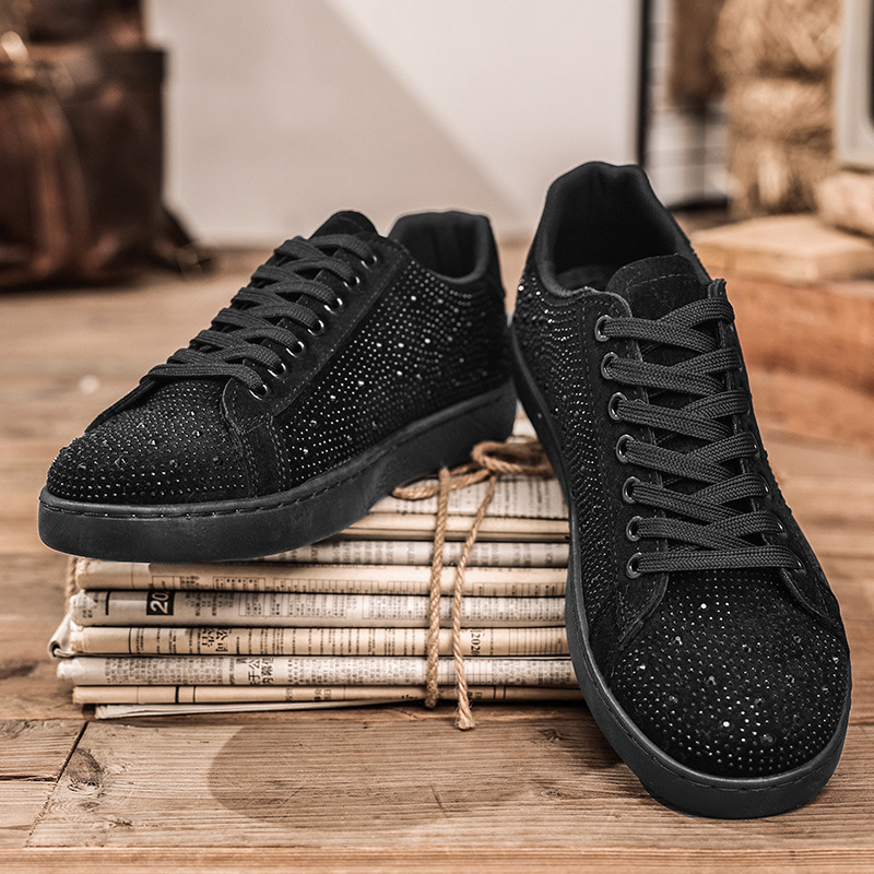 New Design Shoes 2026 Men's Fashion Rhinestone Decor Casual Sneakers - Black Suede-like Low-Top Shoes for Daily/Streetwear (Size 39-44)