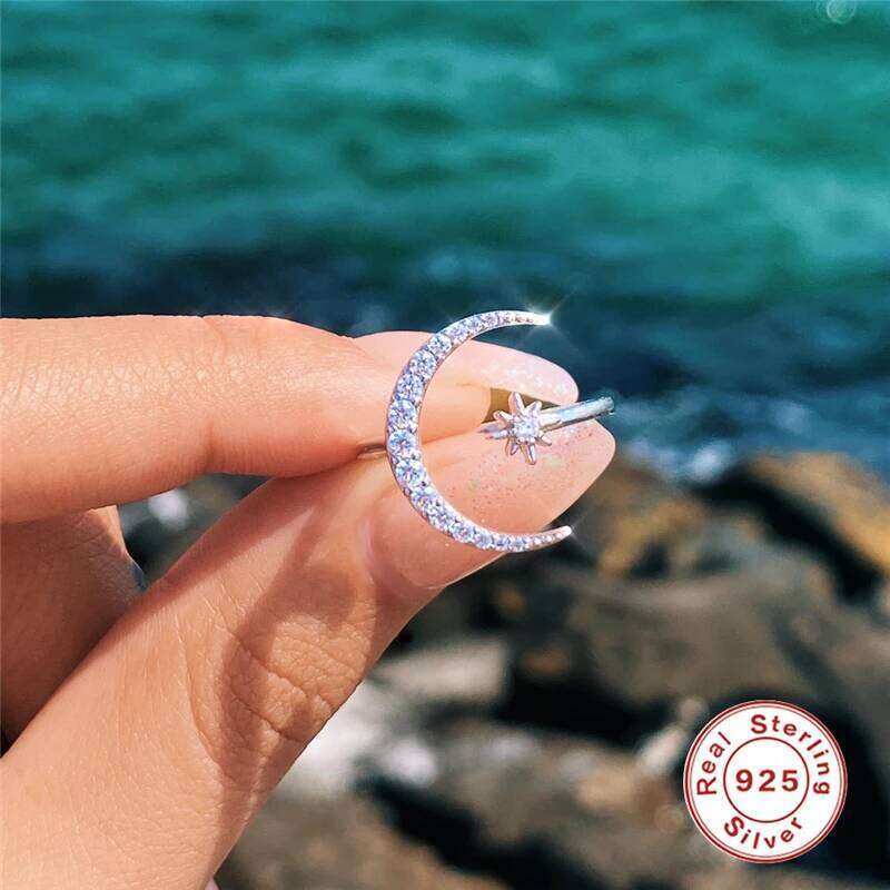 Aide 925 Sterling Silver Star Embrace Moon Zircon Adjustable Rings For Women Gold Luxury Minimalist Jewelry Wedding Party Gift