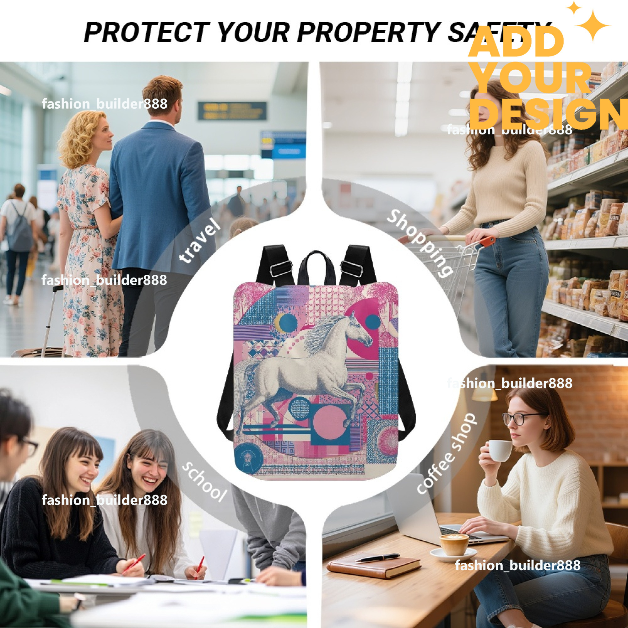 Custom H Designer Fashion Anti Theft Backpack Luxury Horse Pattern Unisex Full Print Backpack Laptop Bag Travel Bag H56