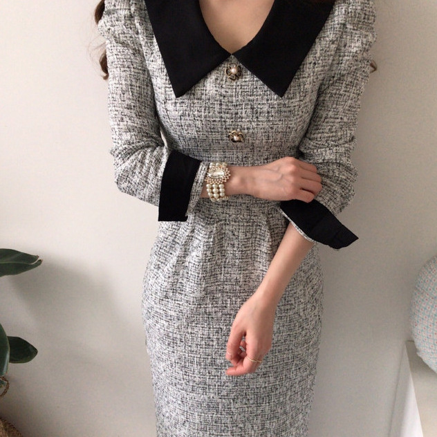 2026 New Style - French-style Elegant And Simple Urban Style Color-matched Tweed Women's Dress With A Fitted Waist And High-end Long Design