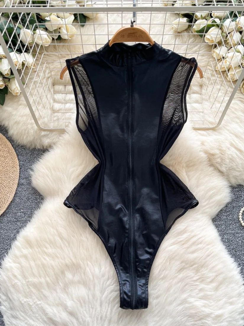 Foamlina Womens Metallic Mesh Bodysuit Mock Neck Leotard Bodycon Seductive Clubwear Sexy Top Rompers Jupsuit 251231