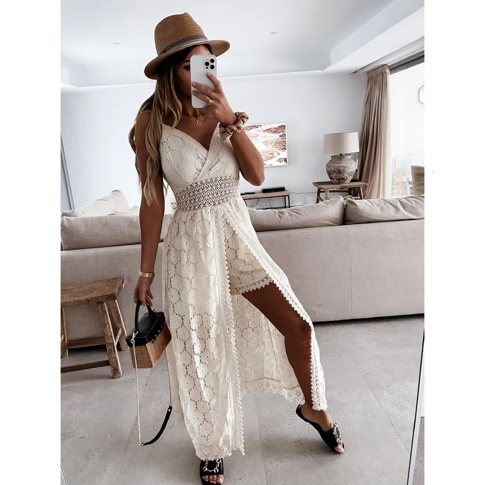 Summer V Neck Solid Color Lace HollowOut Sleeveless Sling Party Wear High Waist Rompers Holiday Casual White Womens Jumpsuit 251226