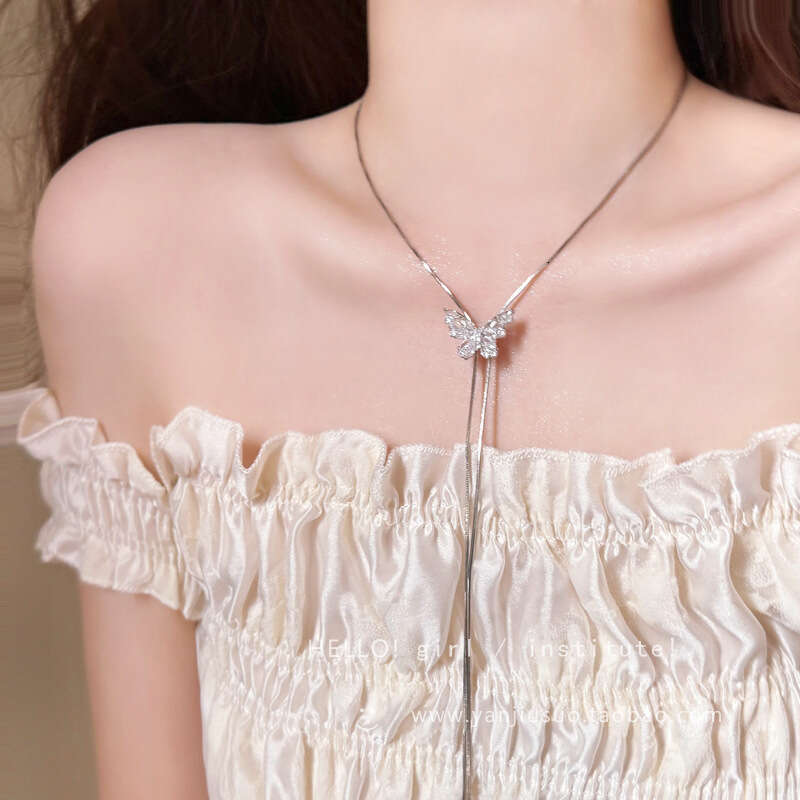 Silver Sparkling Zircon Butterfly Long Tassel Necklace for Women, Unique Design, Pullable Clavicle Chain, Light Luxury Neck Chain Accessory