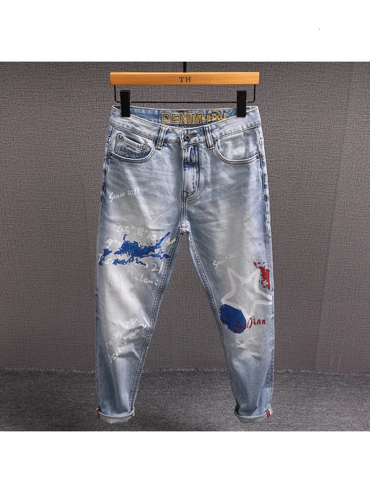 Slim Straight Jeans Men Trendy Printed n Streetwear Fashion Vintage Washed Stretch Handsome Mens Pants 251205