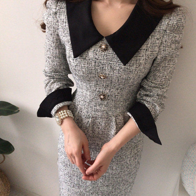 2026 New Style - French-style Elegant And Simple Urban Style Color-matched Tweed Women's Dress With A Fitted Waist And High-end Long Design