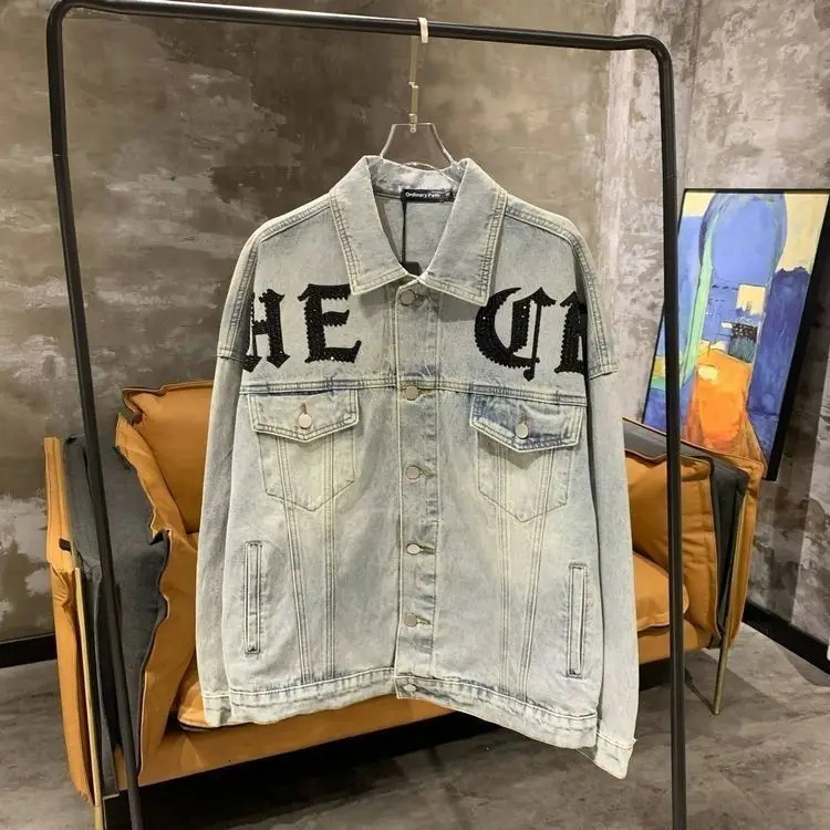 High Street Hole Denim Jacket Spring Autumn Menwomen Loose Outerwear Domineering Leopard Diamonds Trendy Handsome Jean Coat 251230