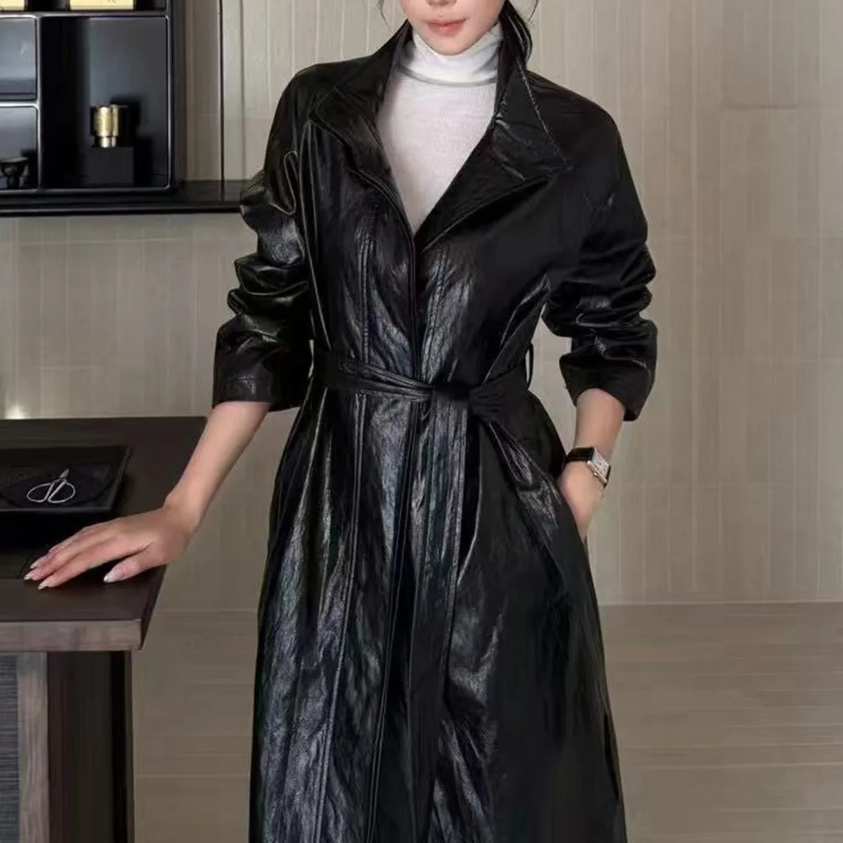 BJTZ PU Leather Belt Waist Midlength Loose Fit Windbreaker Jacket For Woman 2025 Fashion Office Lady Lapel Female Trench 251231