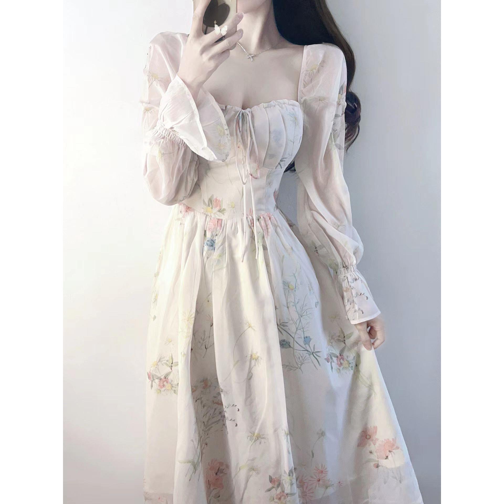 Urban Sexy And Luxurious Women's French-style Floral Dress 2026 Early Spring New Model High-end Elegant Long Dress Waist Cinched, Fairy-like Dres