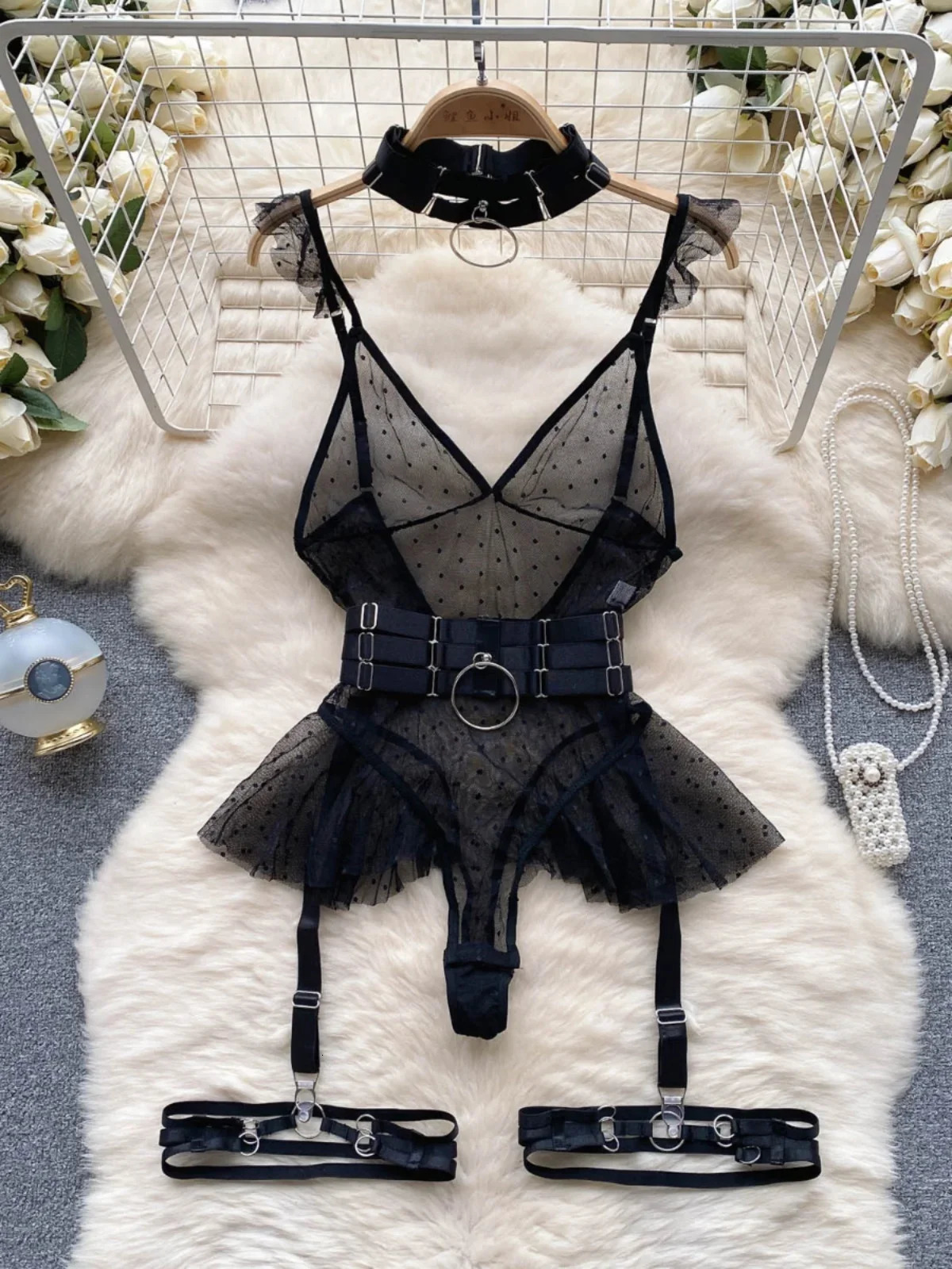 trendy Girl Sexy Mesh Bottom Strap Vneck onepiece Top bodysuit womens Slimming Waist Ruffle Hemp Vest Jumpsuit 251231