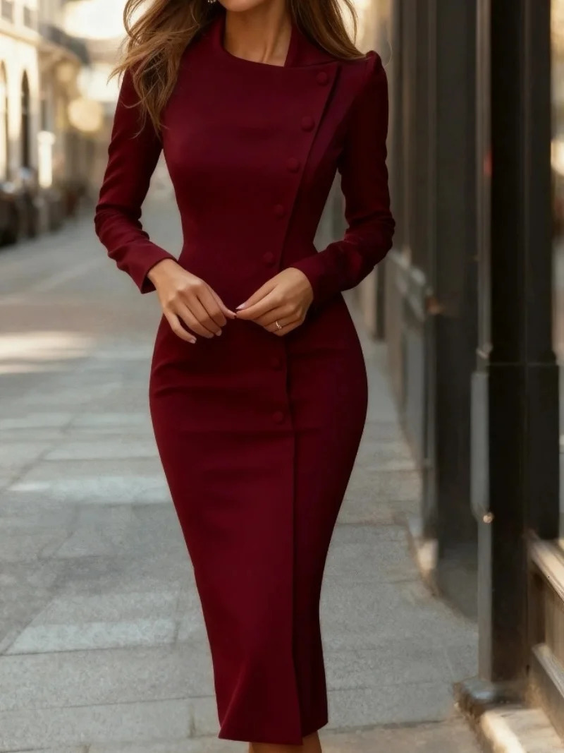 Long Sleeve Button Down Midi Dress - Elegant Office Lady Slim Fit Sheath Dress 260104