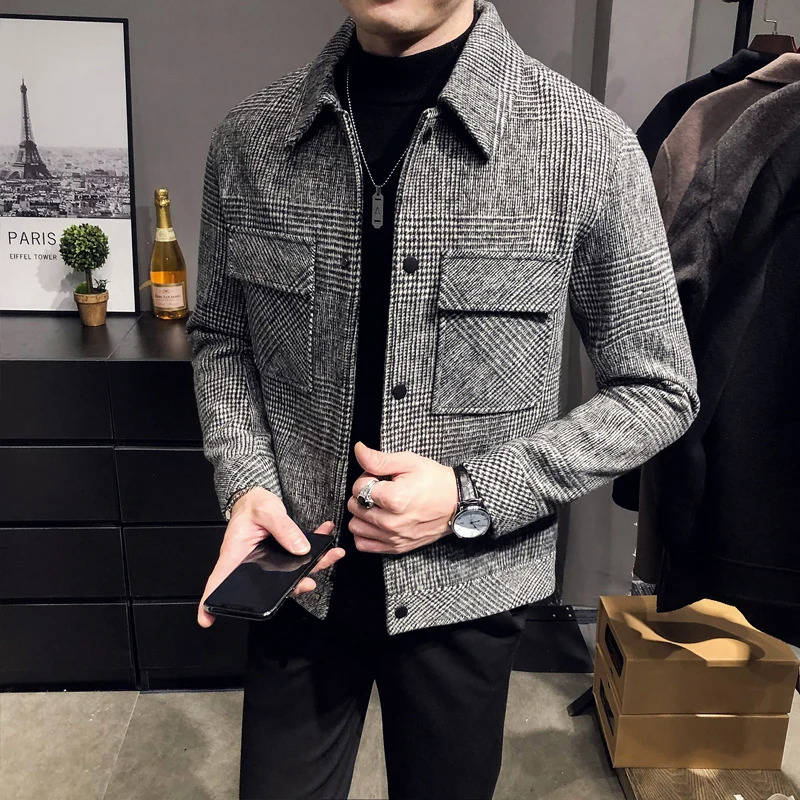AutumnWinter Men Polo Neck Woolen Jacket Fashion Slim Fit Suit Coat HighQuality Checkered Multi Pocket Korean Casual Jacket 251226