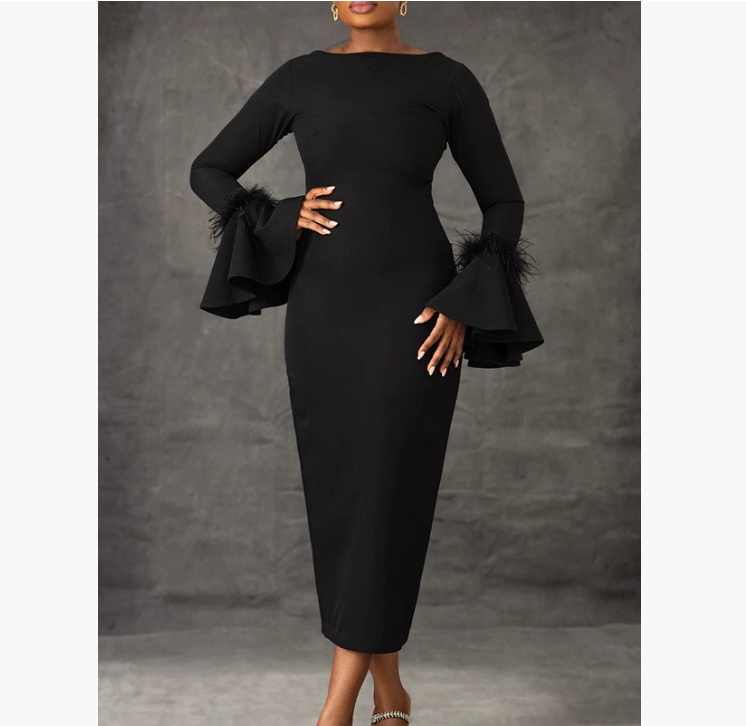 New European and American women's clothing autumn and winter new product solid color slim fit feather trumpet sleeve slit dress